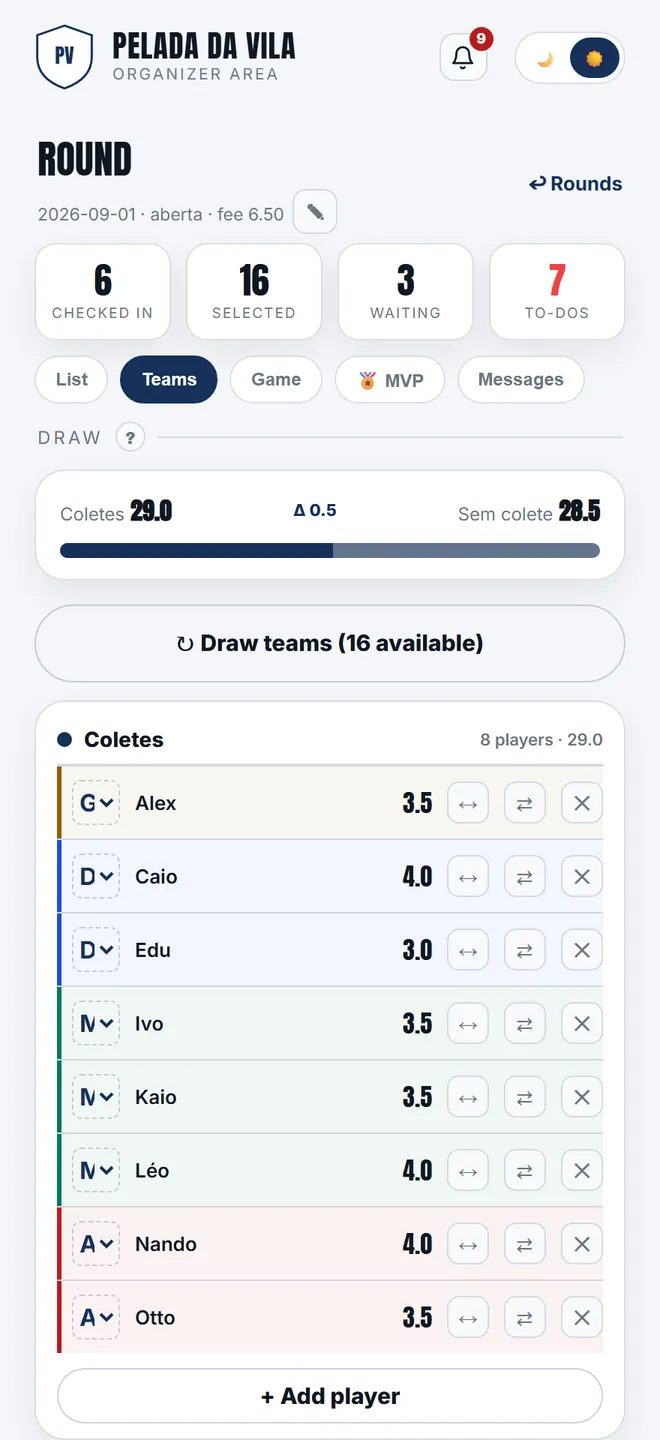 the team draw, with the gap between the sides on screen