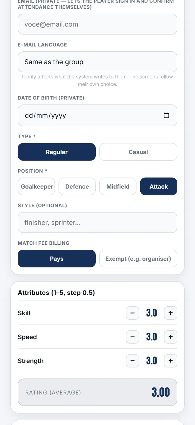 A player's profile, with position and attributes.