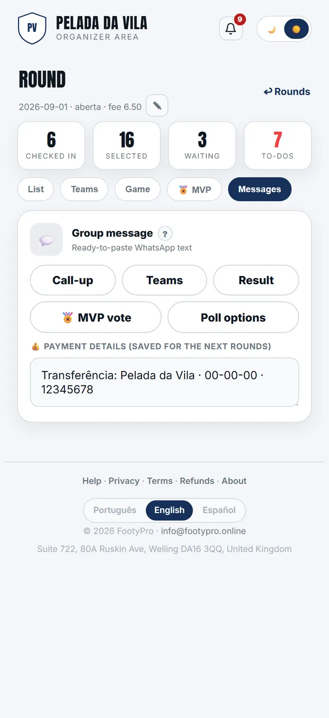The call-up message, ready to paste into the chat.