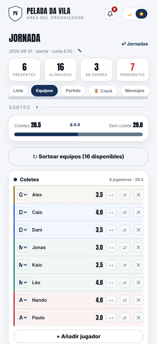 el sorteo de la jornada, con la diferencia entre los equipos en la pantalla