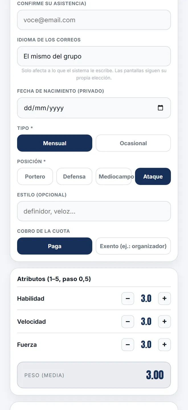 La ficha del jugador, con posición y atributos.