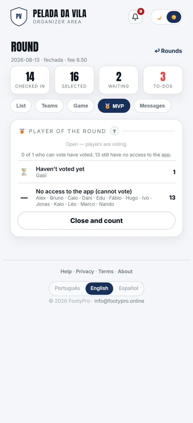 The <b>🏅 MVP</b> tab shows the vote's state and, while it is open, who has voted — out of whoever <b>can</b> vote, not whoever is in the line-up.