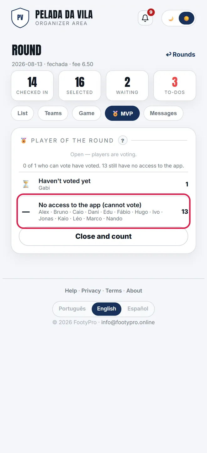 Whoever has no access to the app is listed separately: for those people the action is adding an email, not chasing a vote.