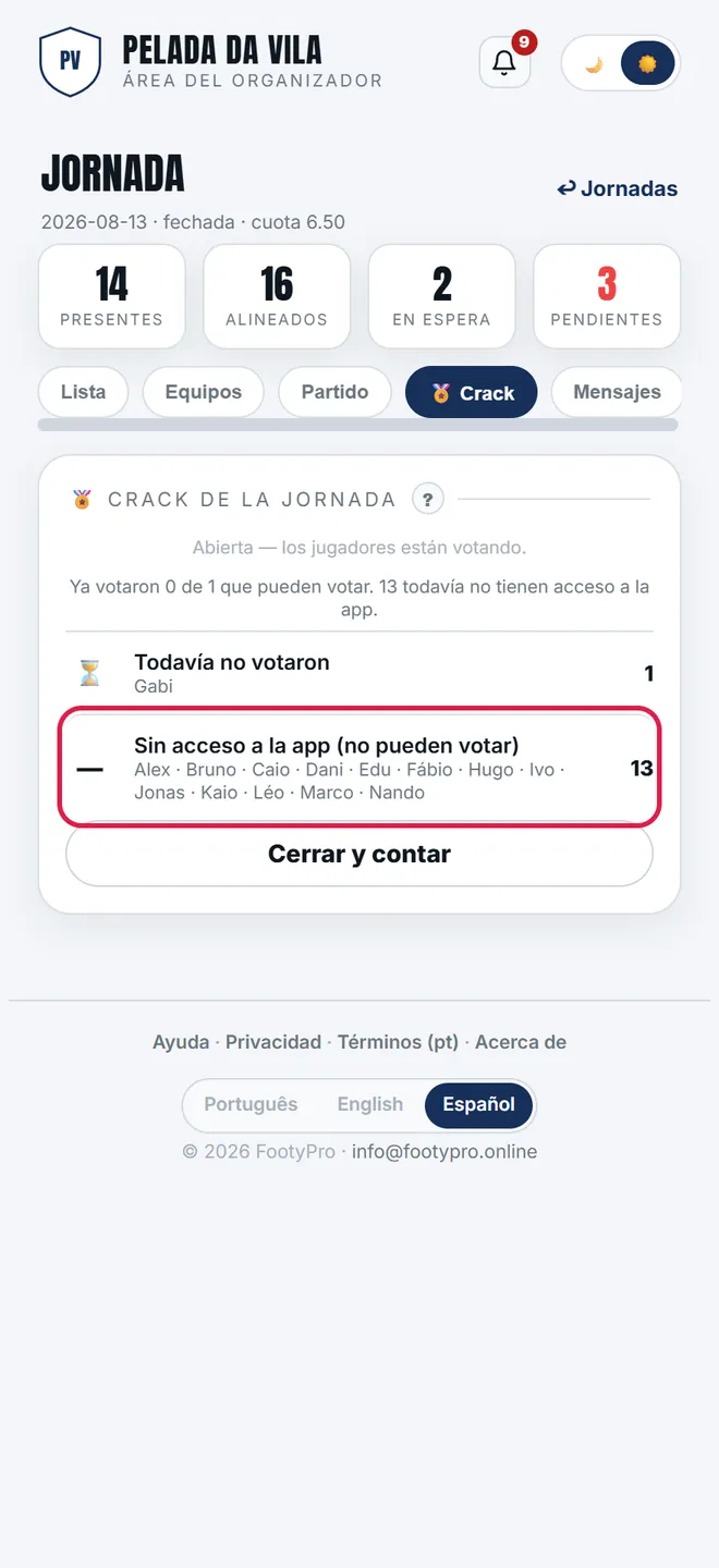 Quien no tiene acceso a la app sale en una lista propia: para esas personas la acción es registrar el correo, no reclamar el voto.