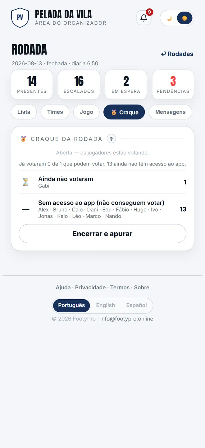 A aba <b>🏅 Craque</b> mostra o estado da urna e, com ela aberta, quem já votou — sobre o total de quem <b>pode</b> votar, não de quem está escalado.