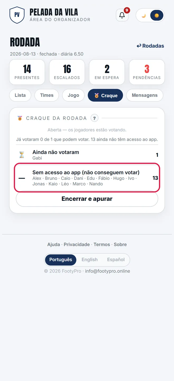 Quem não tem acesso ao app aparece em lista própria: para essas pessoas a ação é cadastrar o e-mail, não cobrar o voto.
