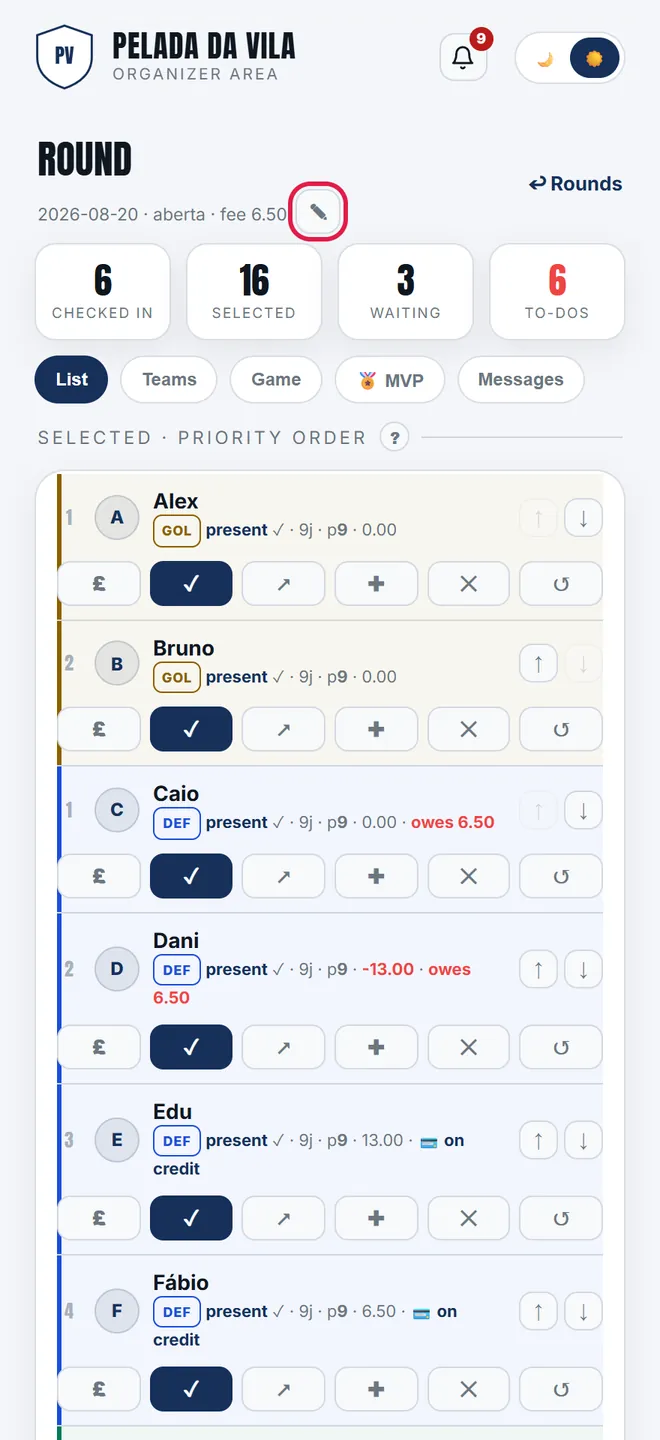 The <b>✎</b> next to the date, on the <b>List</b> tab, opens that matchday's adjustment — the group's settings stay untouched.