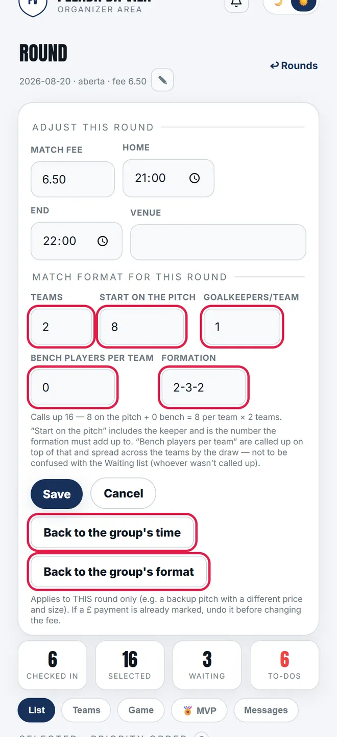 Further down comes the format: number of teams, how many start on the pitch, keepers, bench players per team and the shape. The two <b>back to</b> buttons undo the adjustment.
