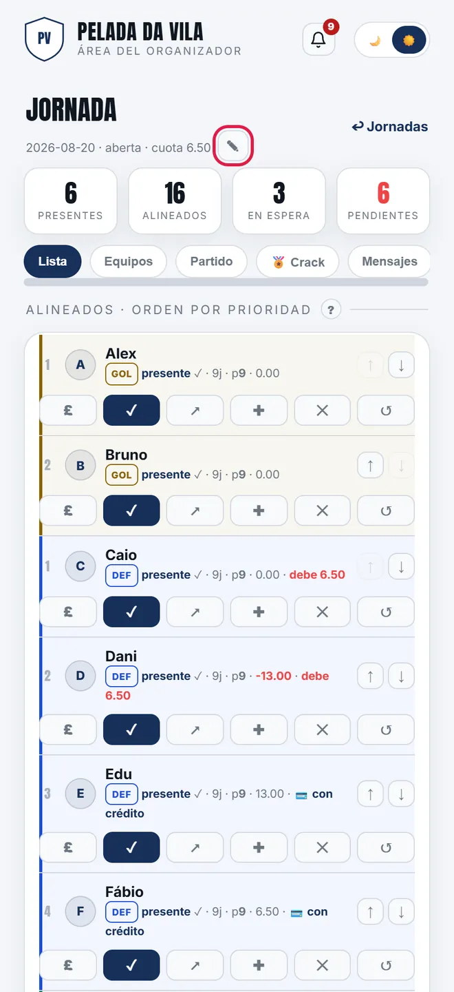 El <b>✎</b> junto a la fecha, en la pestaña <b>Lista</b>, abre el ajuste de esa jornada — la configuración de la pelada queda intacta.