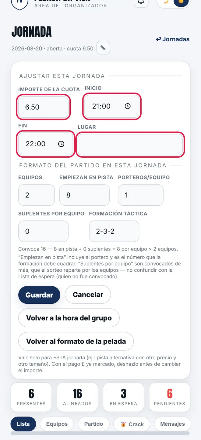 Cuota, inicio, fin y lugar cambian <b>solo esta noche</b>, y es lo que sale en la convocatoria y en la página pública.