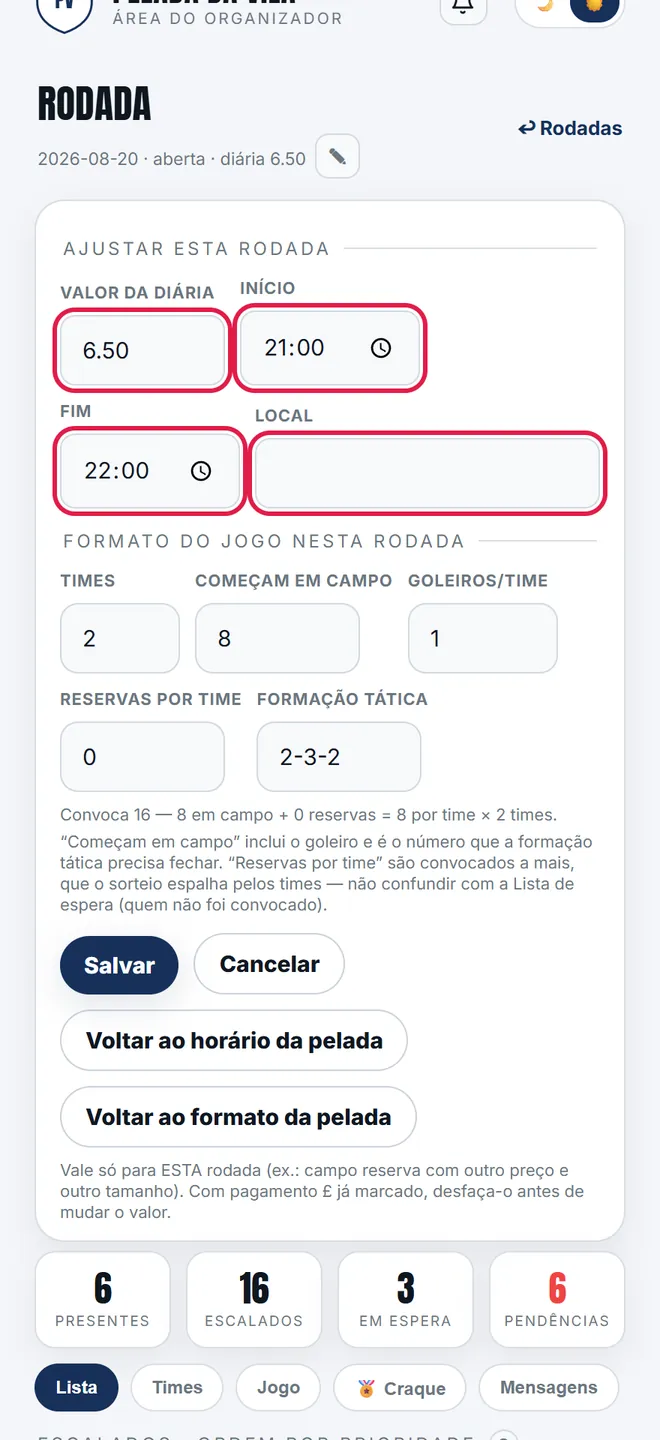 Valor da diária, início, fim e local mudam <b>só esta noite</b>, e é o que sai na convocação e na página pública.