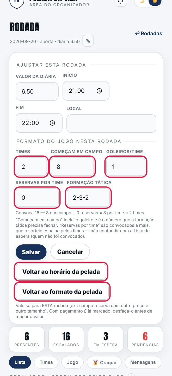 Mais abaixo vem o formato: nº de times, quantos começam em campo, goleiros, reservas por time e a formação. Os dois botões de <b>voltar</b> desfazem o ajuste.