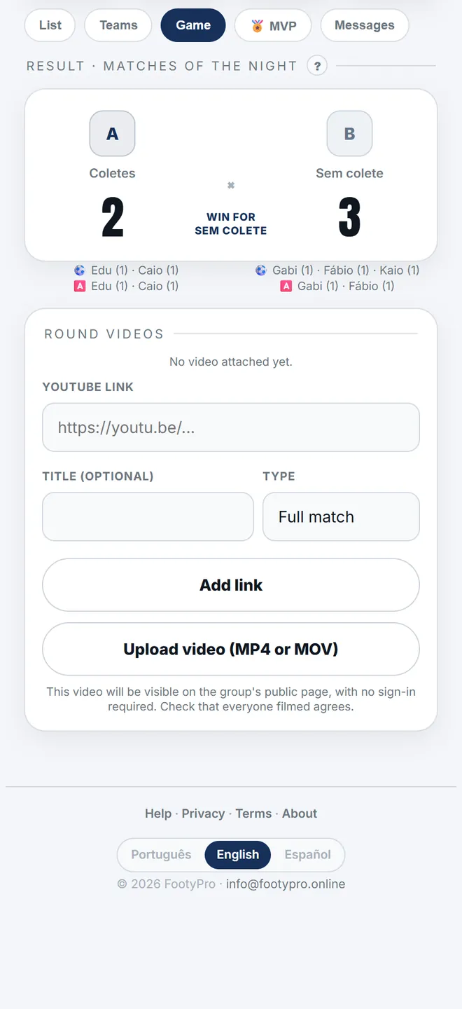 The video panel sits on the matchday's <b>Game</b> tab, and takes either a YouTube link or an uploaded file.