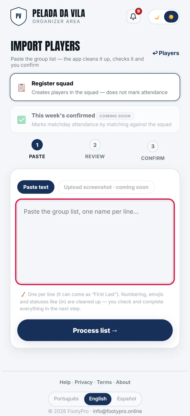 Under <b>Import list</b> you paste the group's list: the app strips the numbering, recognises who is already in the squad and flags duplicates before you confirm.