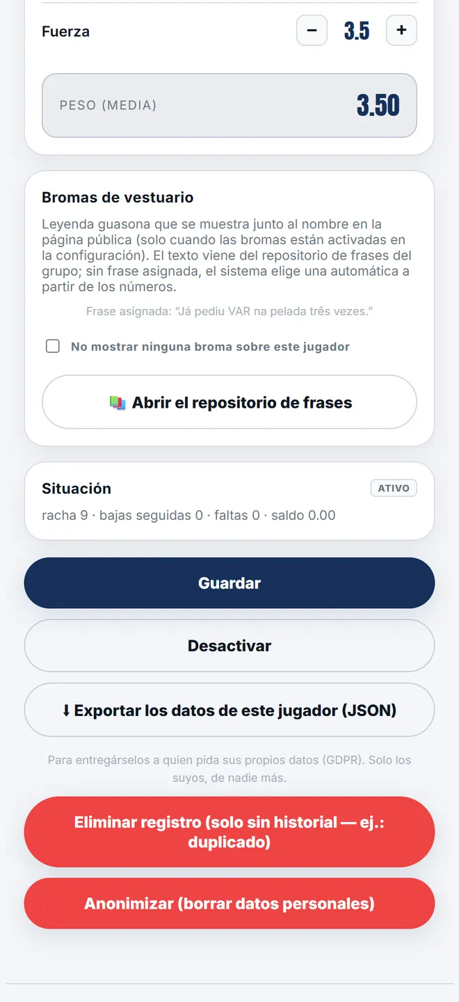 La ficha guarda posición, tipo, atributos, foto y los contadores de prioridad. Desde aquí se <b>desactiva</b>, se reactiva y se anonimiza — la app nunca borra el historial.
