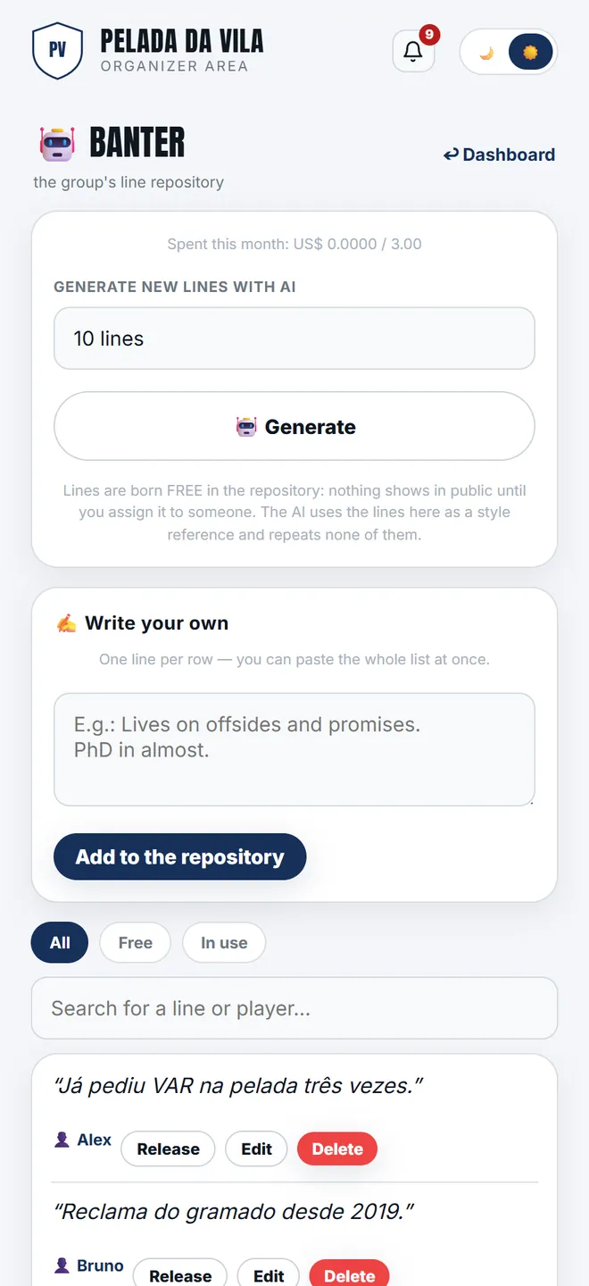 The group's repository: each line shows its state — <b>free</b> or already assigned to someone.