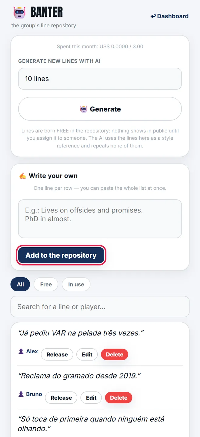 Writing your own means pasting one per line and hitting <b>Add to repository</b>. Pasting the same list twice duplicates nothing.