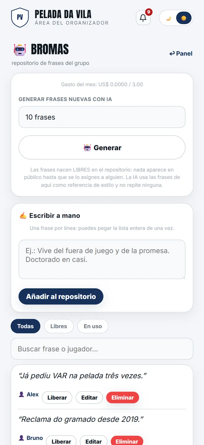 El repositorio de la pelada: cada frase aparece con su estado — <b>libre</b> o ya asignada a alguien.
