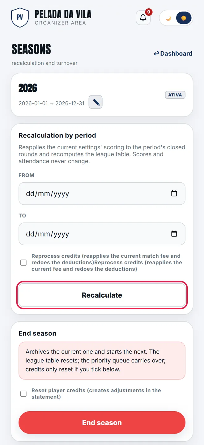 <b>Period recalculation</b> rewrites the snapshots of the matchdays between two dates — that is how a scoring change applies backwards.
