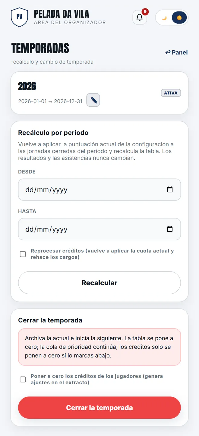 La lista de temporadas: la activa arriba, las archivadas abajo, con el historial intacto.