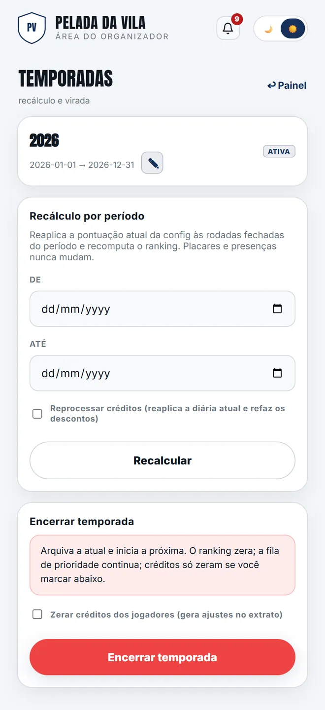 A lista das temporadas: a ativa no topo, as arquivadas abaixo, com o histórico intacto.