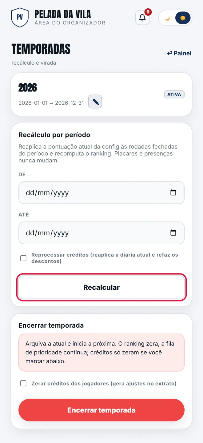 O <b>recálculo por período</b> reescreve os snapshots das rodadas entre duas datas — é assim que uma mudança de pontuação vale para trás.