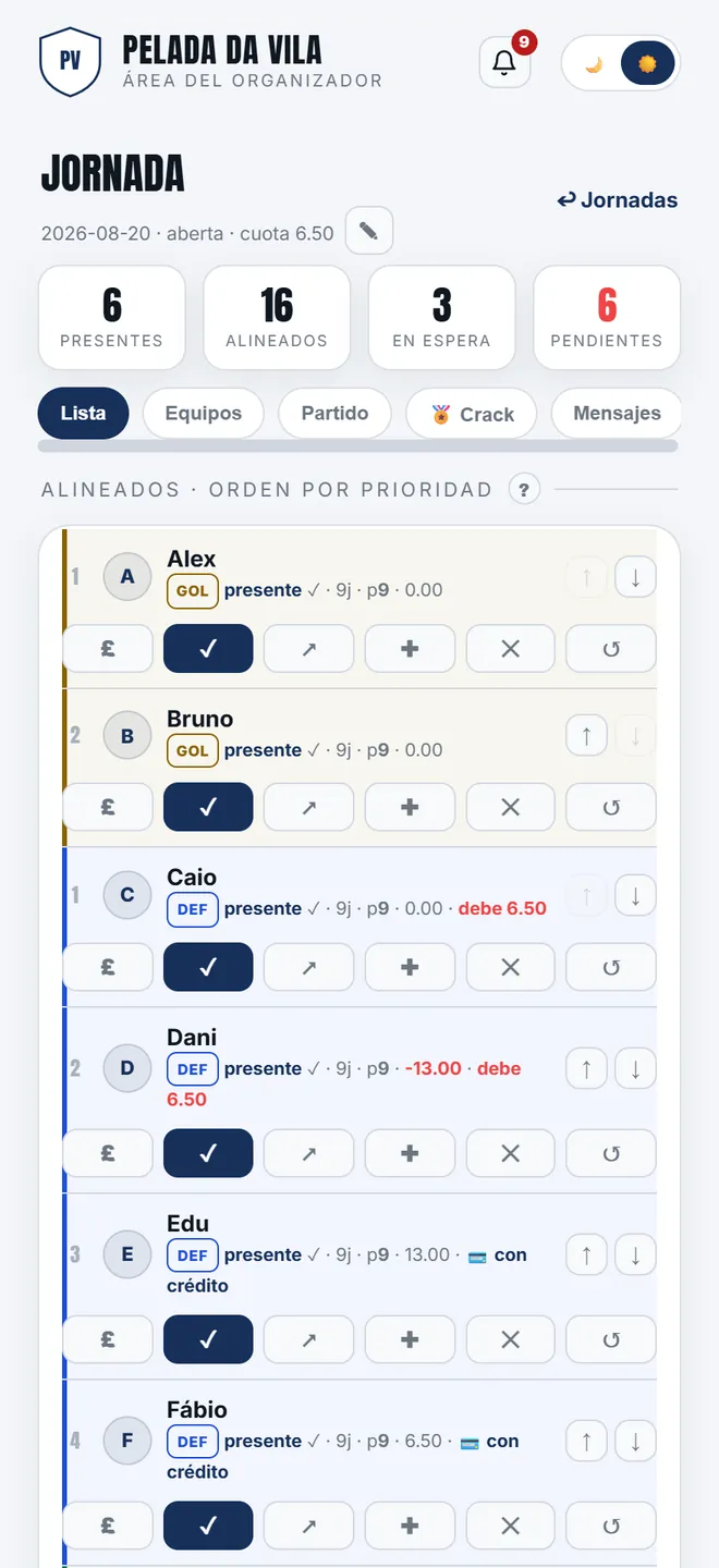 La pestaña <b>Lista</b> abre con la convocatoria ya ordenada por prioridad, y las plazas de portero contadas aparte de las de campo.