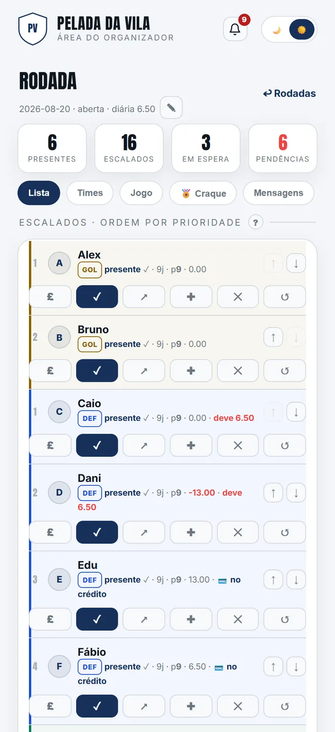 A aba <b>Lista</b> abre com a convocação já ordenada pela prioridade, e as vagas de goleiro contadas à parte das de linha.