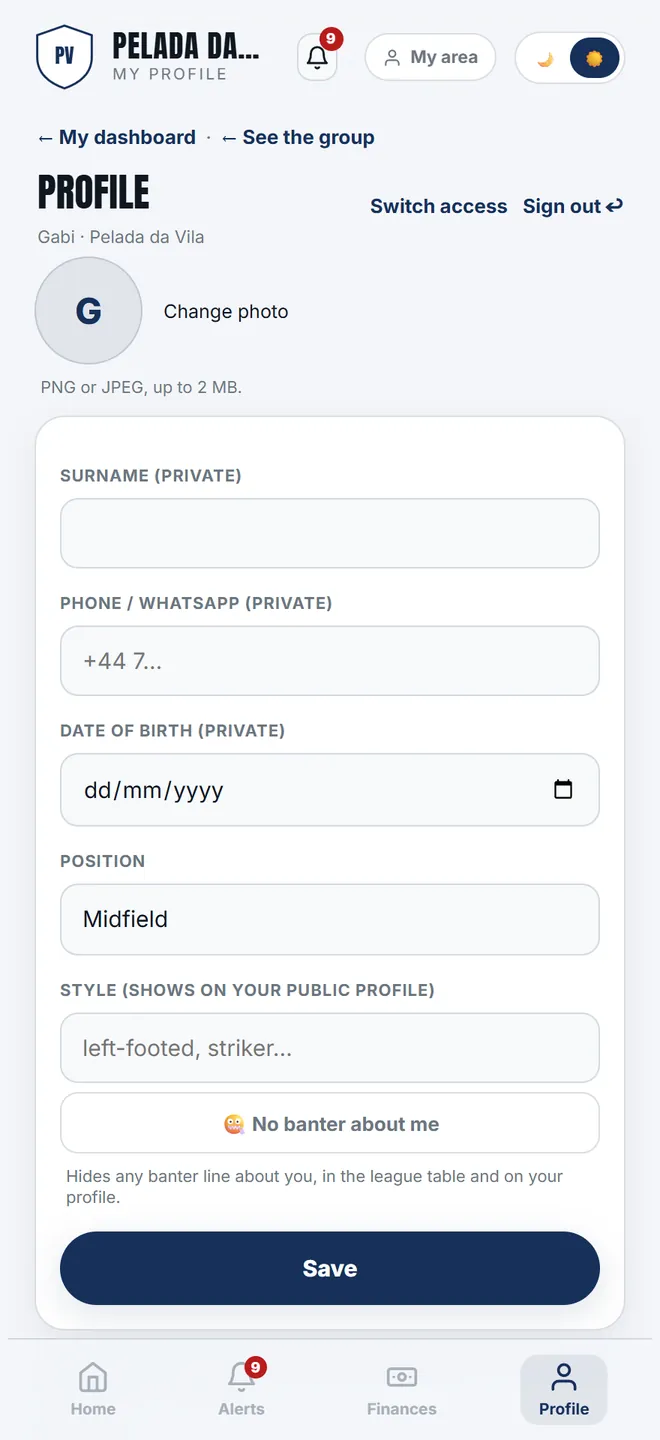 <b>Profile</b>: photo, position, style and the alert switches. Nickname, ratings and sign-in email belong to the organiser — and the screen says so.