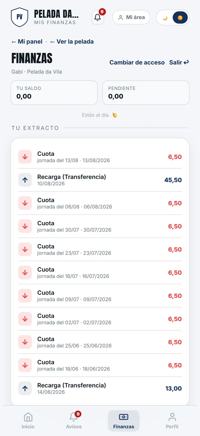 <b>Finanzas</b> muestra el saldo, lo que está pendiente y el extracto personal. La caja del grupo no sale aquí.