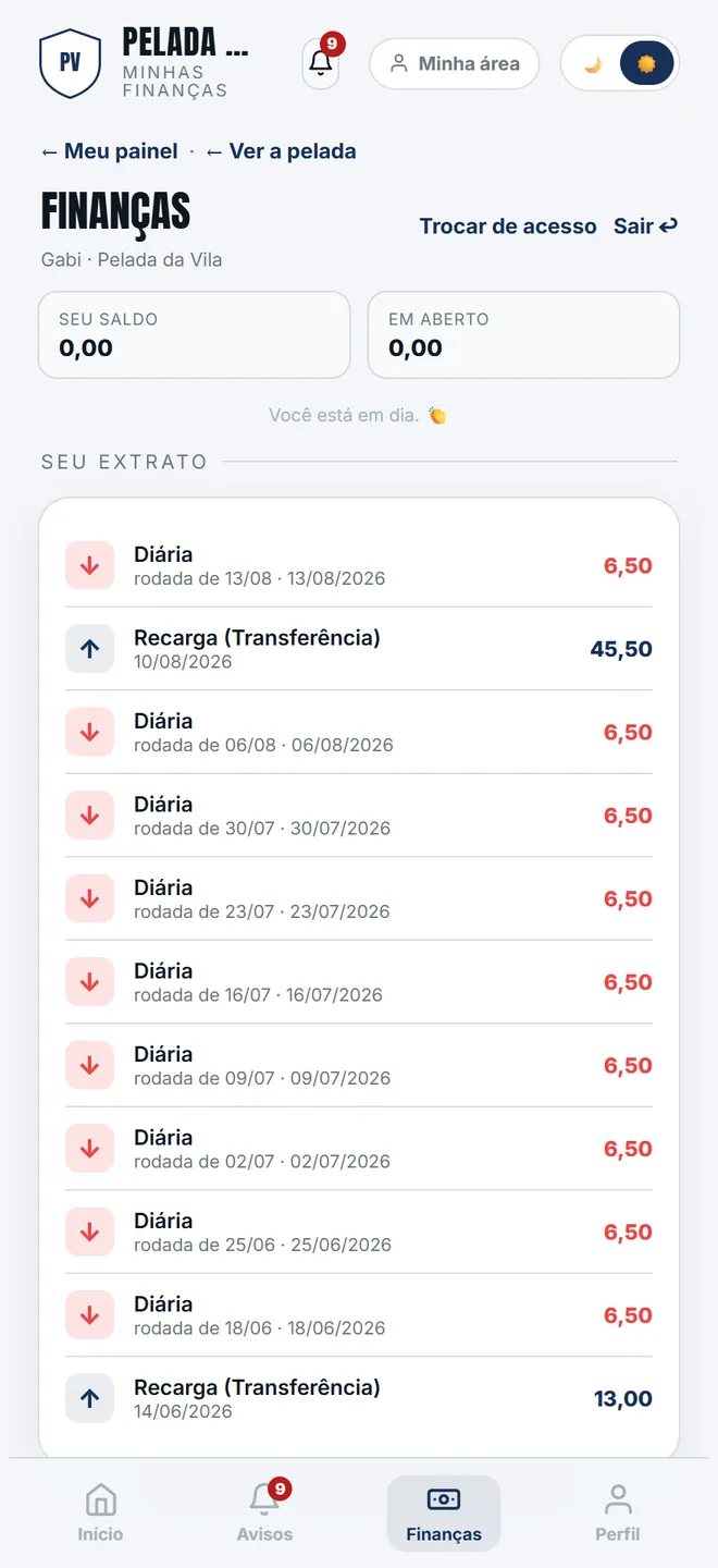 <b>Finanças</b> mostra o saldo, o que está em aberto e o extrato pessoal. O livro-caixa do grupo não aparece aqui.