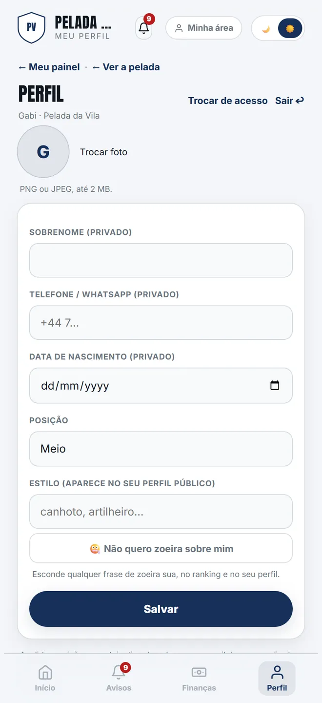 <b>Perfil</b>: foto, posição, estilo e as chaves de aviso. Apelido, atributos e e-mail de acesso são do organizador — e a tela diz isso.
