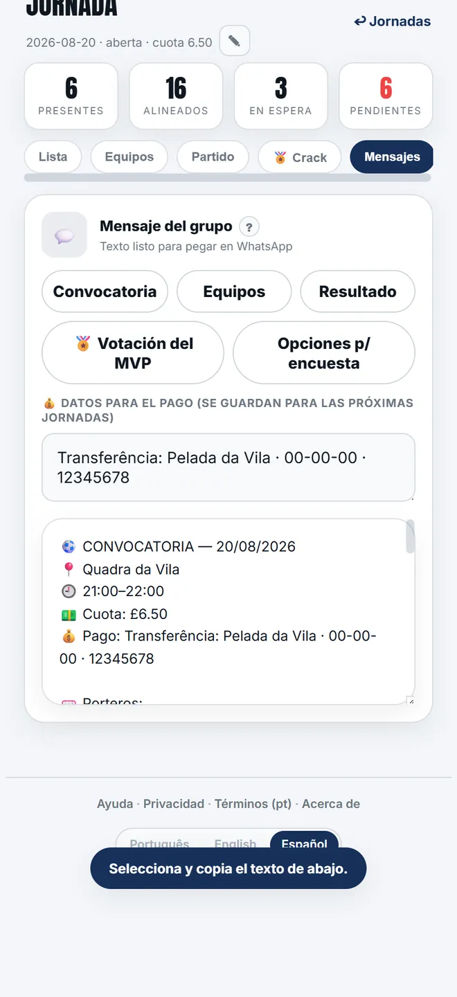 La convocatoria sale con lugar, hora, cuota, cómo pagar y la lista en el orden de la cola.