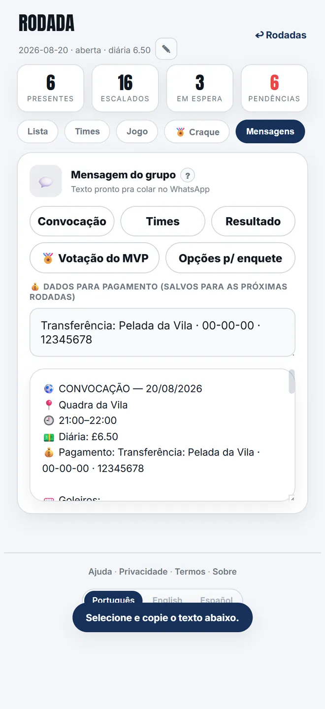 A convocação sai com local, horário, valor da diária, como pagar e a lista na ordem da fila.