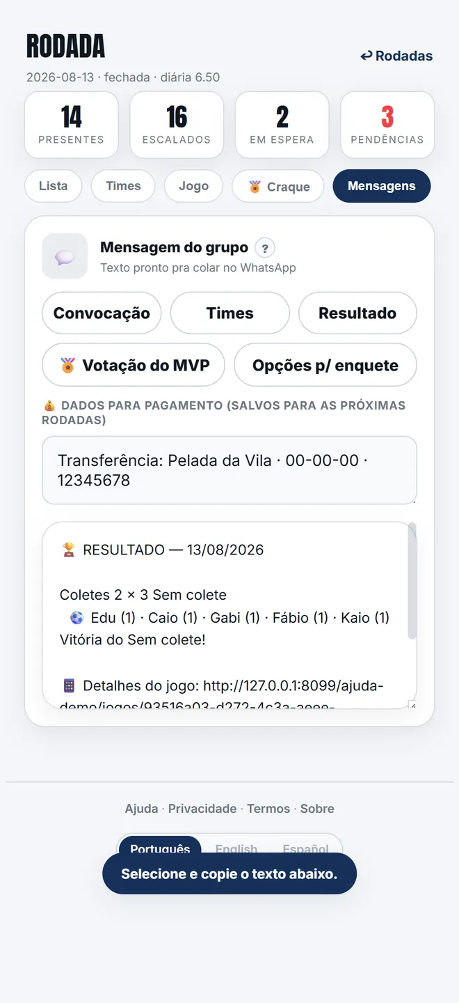 Depois do jogo, <b>Resultado</b> traz o placar de cada confronto, os marcadores e o link da página da rodada.