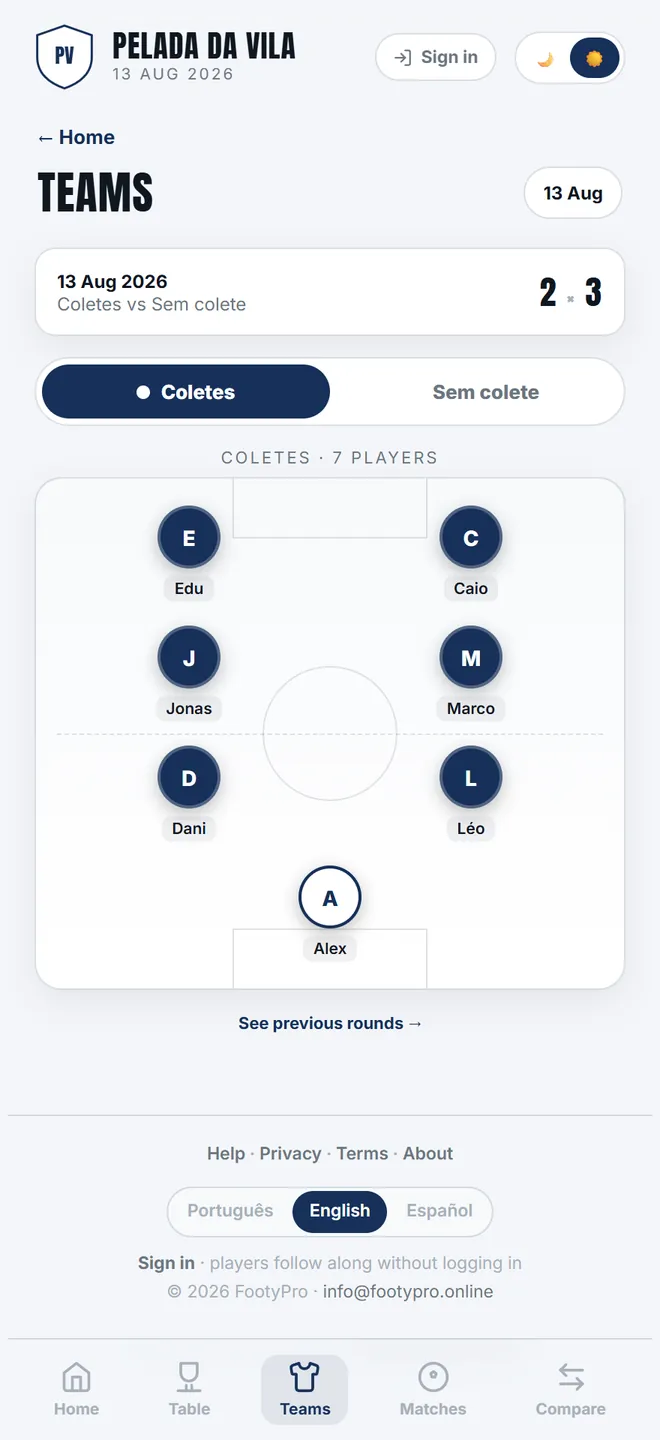 <b>Teams</b> shows the night's line-up on the pitch diagram — with the matchday still open, it is the preview.