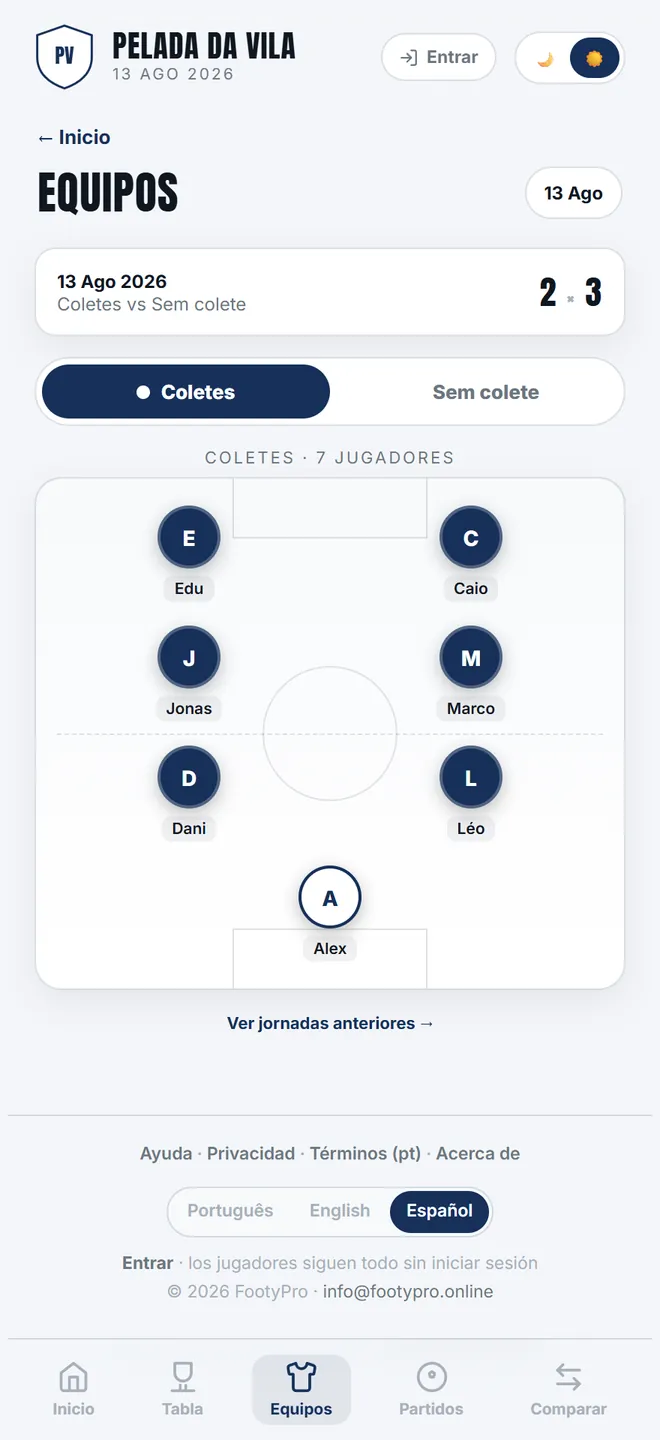 <b>Equipos</b> muestra la alineación de la noche en el dibujo del campo — con la jornada aún abierta, es la vista previa.