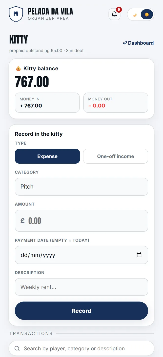 The kitty is the group's money: top-ups land there by themselves, and the outgoings — pitch, bibs, ball — you log by hand.