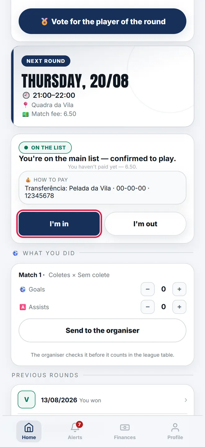 The next round's card opens on the panel, with date, time, venue and the match fee. Both buttons sit right below.