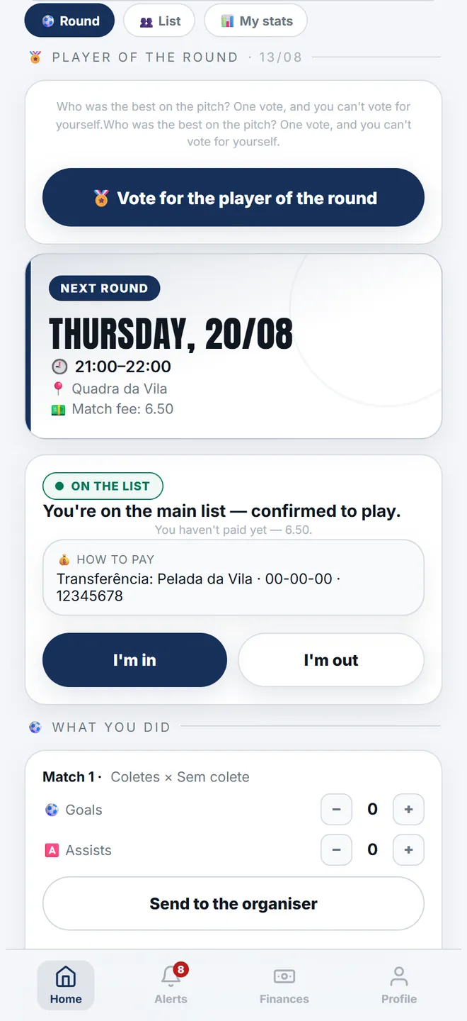After tapping <b>I’m in</b>, the coloured pill says what HAPPENED — “In the squad” if there was a slot, “Waiting list” if the queue was full.