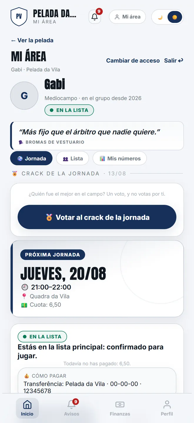 La pestaña <b>Lista</b> muestra quién juega, separado entre porteros y jugadores de campo, y quién hizo check-in. Nada de dinero de nadie.