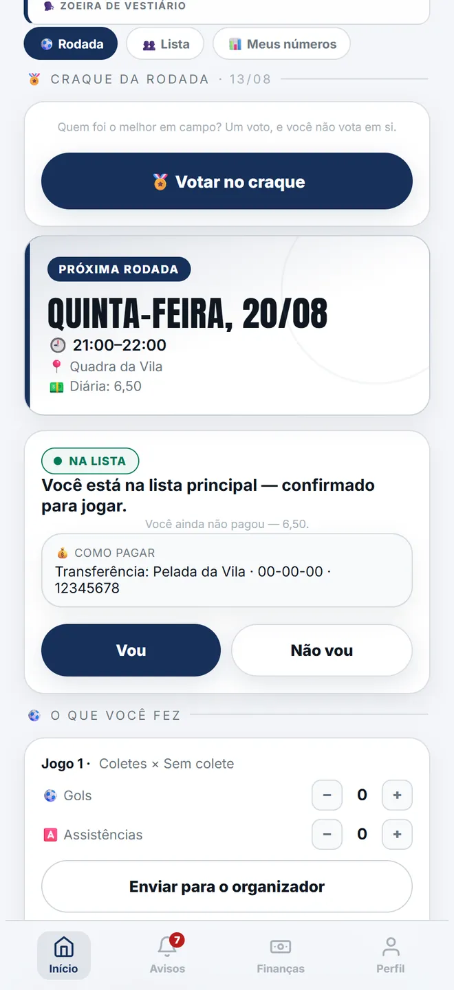 Depois de tocar em <b>Vou</b>, a pílula colorida diz o que ACONTECEU — “Na lista” se havia vaga, “Lista de espera” se a fila estava cheia.