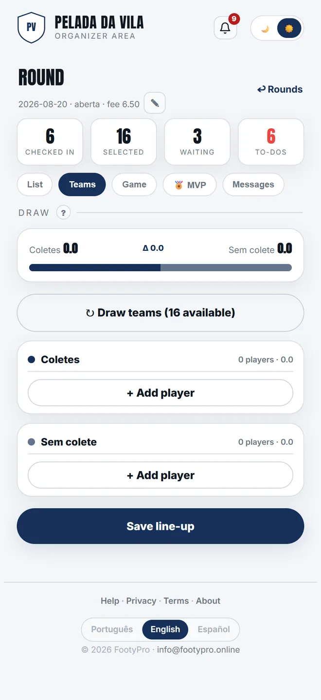 The <b>Teams</b> tab shows one panel per team. Drawing is a <b>proposal</b>: nothing is saved, and every click reshuffles.