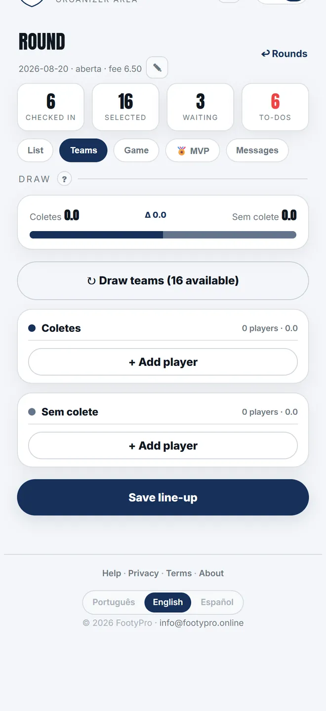 The balance bar compares the sum of the weights. Drag by hand if you like, and only then tap <b>Save line-up</b> — that is what publishes the teams.