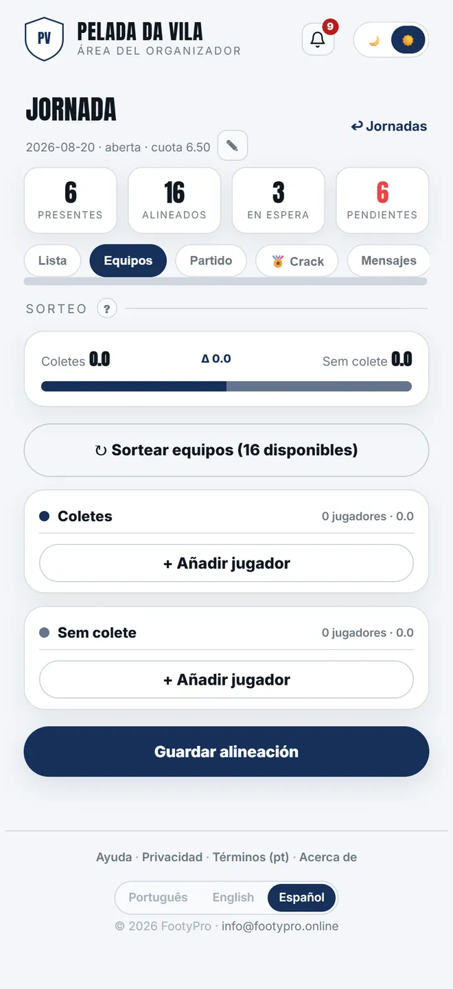 La pestaña <b>Equipos</b> trae un panel por equipo. Sortear es una <b>propuesta</b>: nada queda guardado, y cada clic vuelve a mezclar.