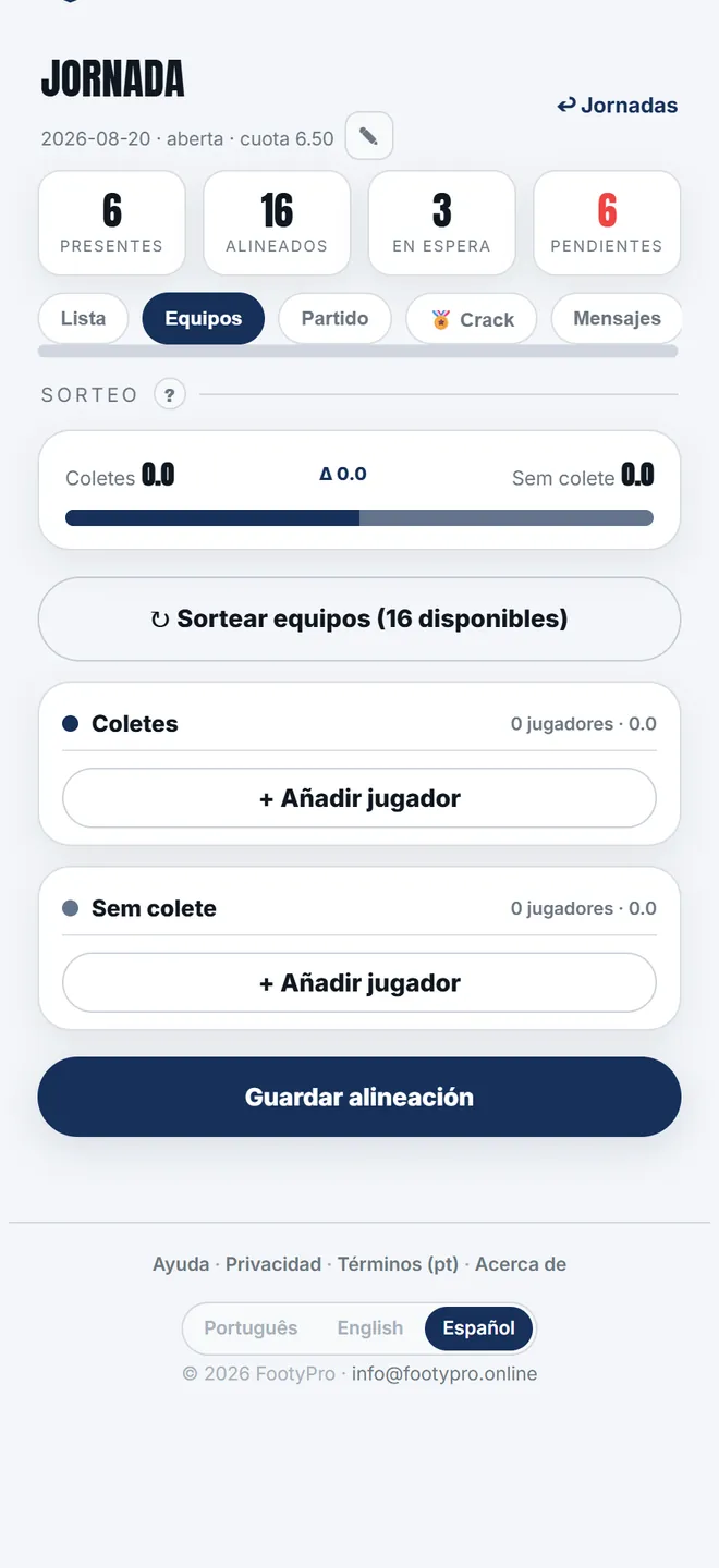 La barra de equilibrio compara la suma de los pesos. Arrastra a mano si quieres, y solo después pulsa <b>Guardar alineación</b> — eso es lo que publica los equipos.