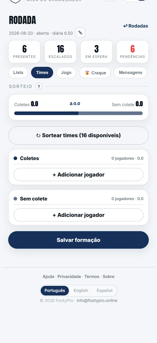 A barra de equilíbrio compara a soma dos pesos. Arraste à mão se quiser, e só depois toque em <b>Salvar formação</b> — é isso que publica os times.