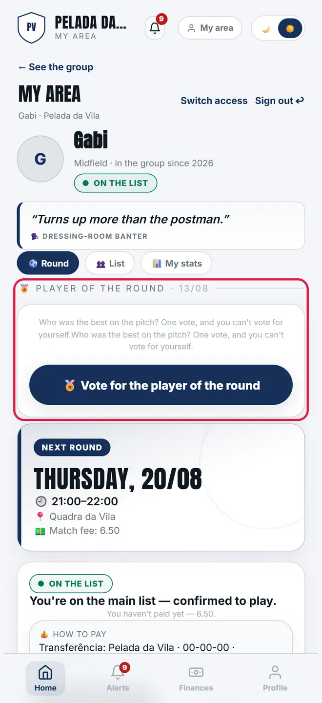 With the vote open, the MVP button shows at the top of the panel, with the <b>date</b> of the round being voted on — which may not be the next one.