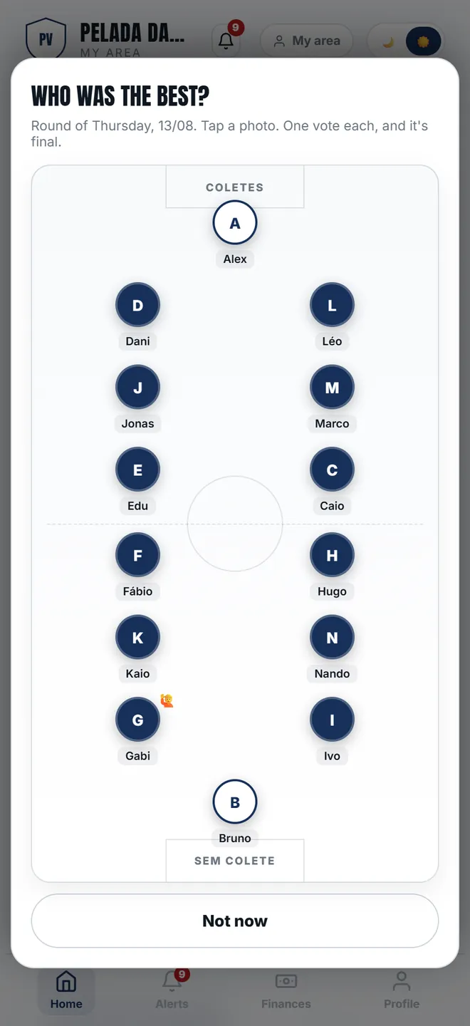 The ballot draws the pitch with both teams. Tap the photo of whoever was best: one vote per person, and it is <b>final</b>.