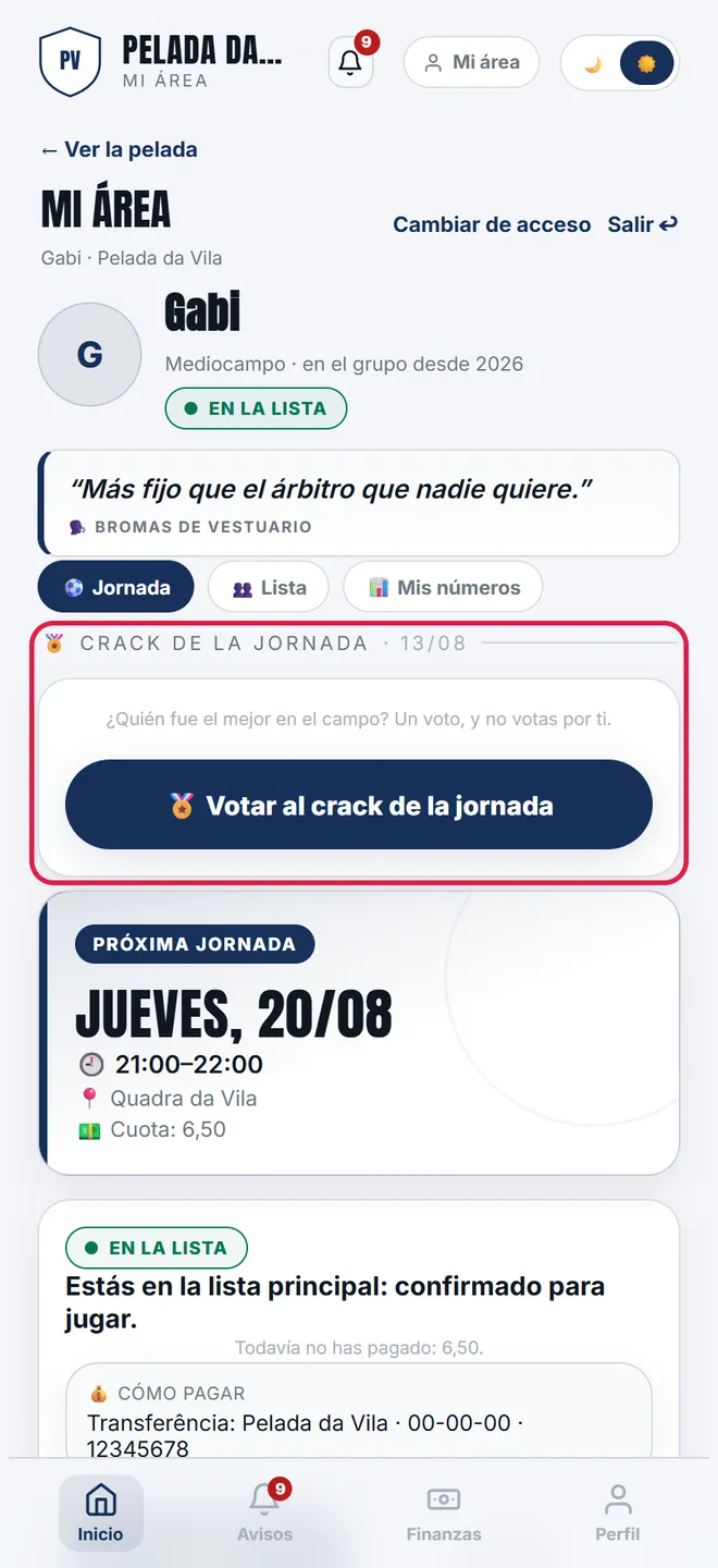 Con la votación abierta, el botón del crack sale arriba del panel, con la <b>fecha</b> de la jornada en votación — que puede no ser la próxima.